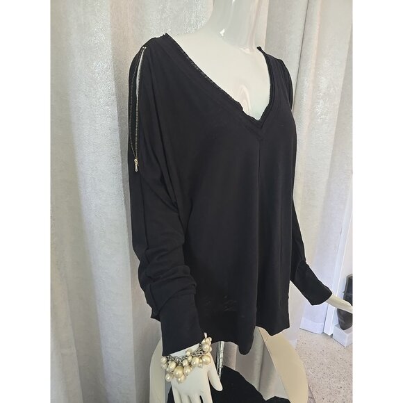 Rachel Roy Women V-Neck T Shirt Cold Zip Open Cold Shoulders Black Large Sexy - Picture 6 of 14